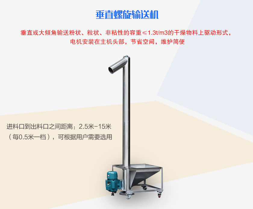 垂直或大傾角輸送粉狀、粒狀、非粘性的容重≤1.3t/m3的干燥物料上驅(qū)動形式,電機安裝在主機頭部,節(jié)省空間,維護簡便